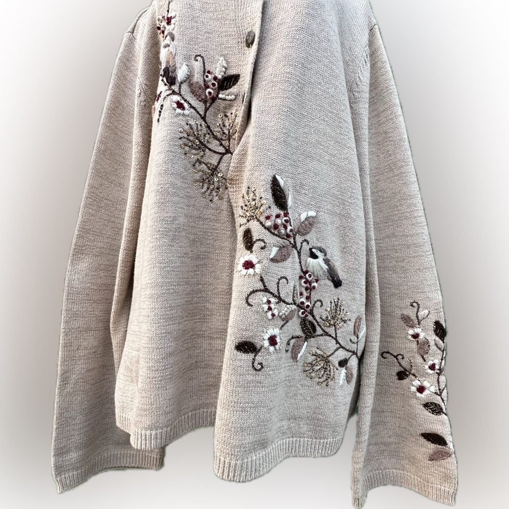 Coldwater Creek Beige Cardigan Floral Embroidery Cottagecore Cabincore. Sz L - Picture 9 of 16